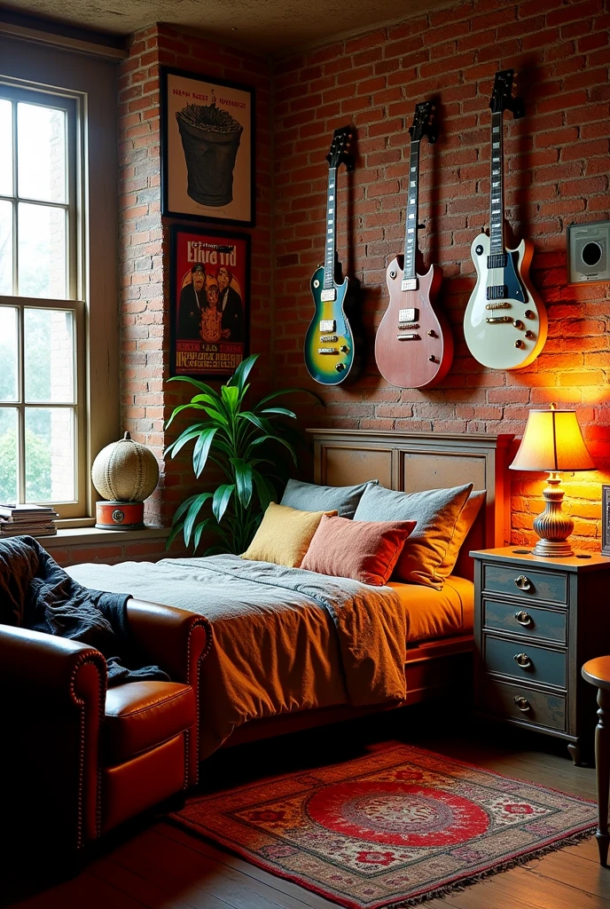 Chambre avec decoration rock n roll, des guitares, des affiches et des vinyles