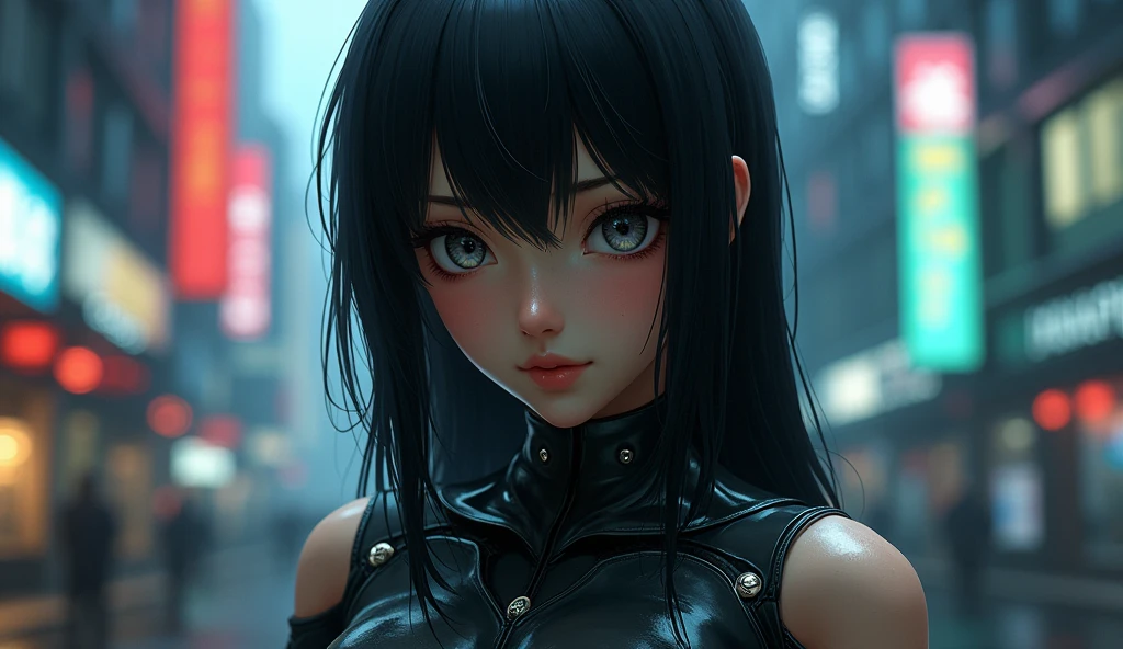 realistic woman Kusanagi Motoko,ghost in the shel ,prosthetic body(1 girl),(ghost in the shel style:1.0),realistic ghost in the shell with guns,Wearing a Fishnet tights,front,1girl,(Big eyes:1.2),(beautiful eyes:1.2),(beautiful face:1.3),(detailed face:1.3),(smile),(muscular:1.1),(sensual:1.3),(thick thighs:1.2),(Body moistened with sweat),(background is black:1.5),(blur background:1.2),(master piece,highest quality,ultra high resolution,Super detailed,8K),wallpaper,The background is Cyberpunk City