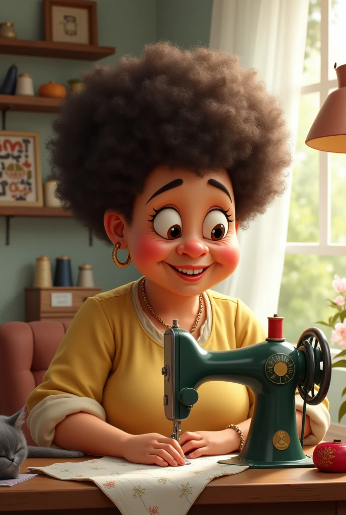 Chubby older lady with afro sewing on sewing machine cute image