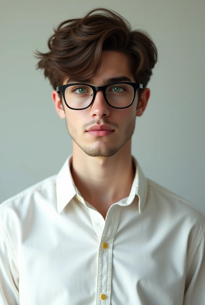 Create an image of a human age male with dark glasses and short brown hair and green eyes and white shirt full body
