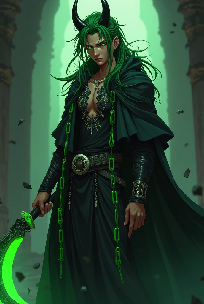anime boy (dark fantasy) with green dreads, green eyes, brown skin, black horns and a black cloak with green chains around him as he holds a green scythe (full body)