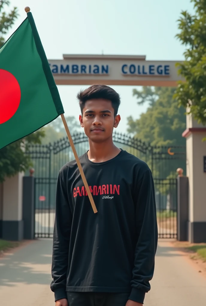 I am a boys student of cambrian school and College. I see my College gate.College name shown the college gate. College name cambrian College. I wear black tshirt full sleve. My hand a Bangladeshi flag