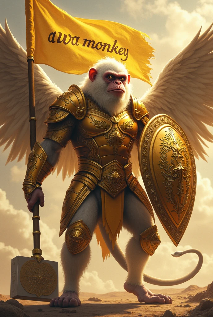 Create a 1080x1080 image of a winged monkey wearing shiny golden armor. He is holding a large hammer in one hand and a golden shield in the other.. On the monkey's back, there is a golden flag with the text 'AVA MONKEY' written in elegant letters. The scene should convey a sense of power and majesty, with the armor reflecting light and the flag waving in the wind.