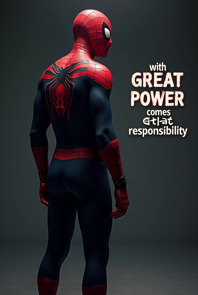 Spiderman standing with simple pose. The deep contrasts with the sharp shadows and highlights on his face, highlighting his stealth and ability to change form at will. He is looking back. The text "With great power comes great responsibility" is written his right side in empty place with stylish text.