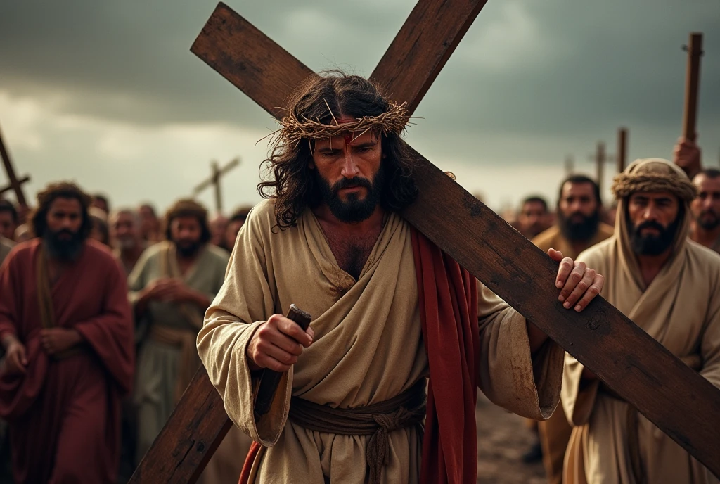 "An intense and emotional scene of Jesus carrying the cross towards Calvary. He is walking with the heavy wooden cross on his shoulders, his body bent under the weight. Jesus wears a simple robe, stained with sweat and blood, and the crown of thorns is on his head, with drops of blood running down his forehead. His face shows an expression of pain, but also of determination and sacrifice. Along the way, crowds of people watch, some with expressions of sadness and compassion. others with indifference or hostility. The sky above is dark and cloudy, creating an atmosphere of tension and impending tragedy."
