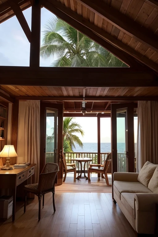 Southern Island Desk、indirect lighting、Wood Deck、Country atmosphere、Woodhouse、antique、A little bit European、living、indoor、antique家具、Holiday Homes、sofa、cushion、Large windows、Outside you can see palm trees and a sandy beach.、The pillars and walls of the room are all made of wood.、There are books and coffee on the desk、The furniture has a modern gothic feel、A room with a lot of stuff、The lighting is a bare bulb、Increase the number of star-themed miscellaneous goods and accessories、外は夕方でSunset skyが窓から見える、View of sandy beach and palm trees、The window is empty、The curtains are fluttering in the wind、In the evening atmosphere、More sad evening air、It's a house by the sea、The sunset is reflected in the sea, making it red.、The darkening atmosphere of the evening、Swedish furniture、There are lots of photo frames and decorations.、Outside, the sea is right next to me.、The sunset reflects on the sea、夕方だから少し暗くてRed Skyなの、It's getting better、Outside there's the sea, the sand and the palm trees、Sunset sky、It's evening outside、窓から見える景色がSunset skyなの、That's good.!More red sunsets、Return to the evening、Red Sky、外のWood Deckから夕日を眺めたいね、Make the furniture more European