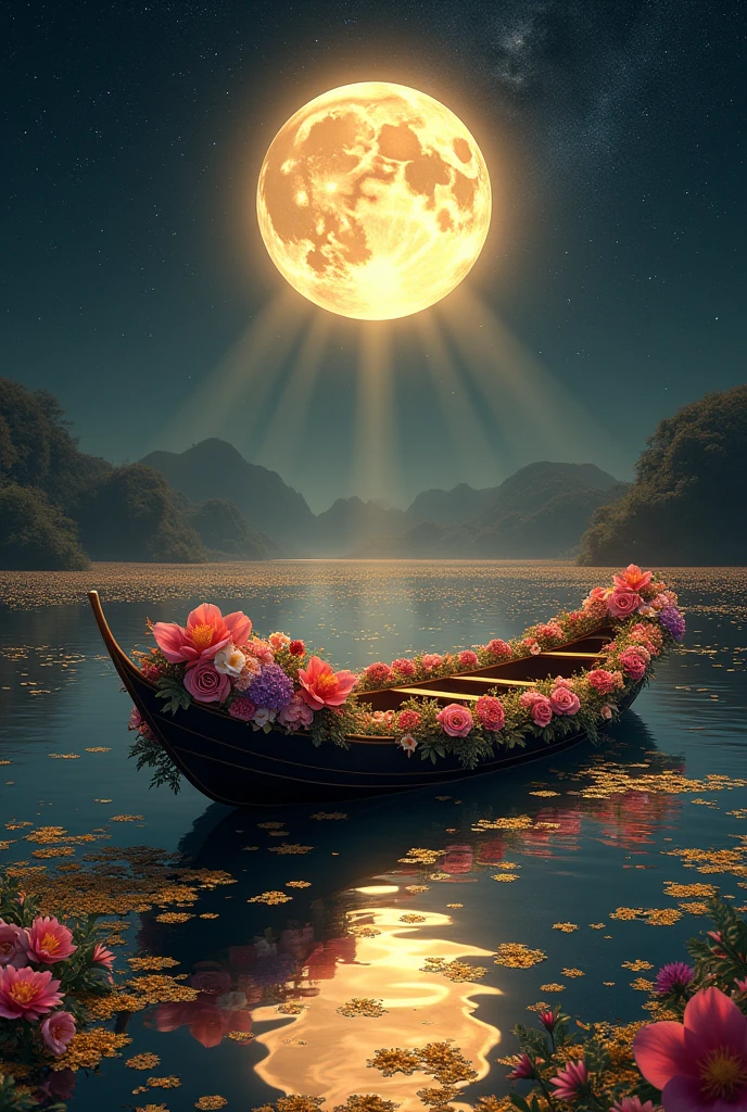 A black and golden colour boat which is full of flowers on calm river full of golden flowers and no human, lights and stars, night sky with falling stars, dramatical illusion of light and rays, a full moon on the middle and reflection on the river