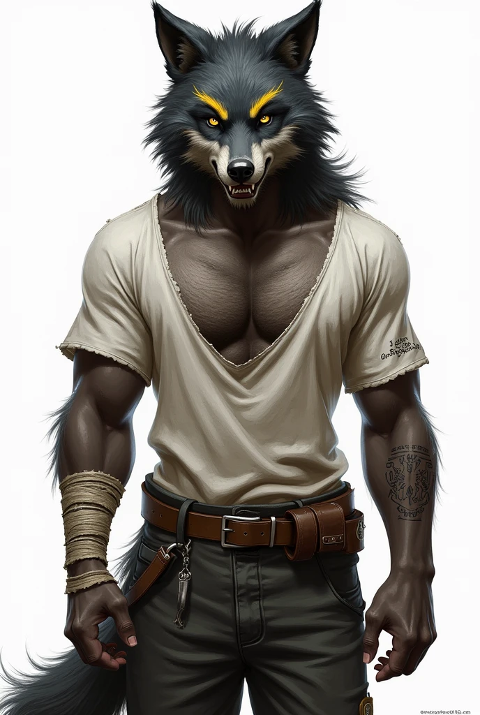 Mexican wolf furry with predominantly dark skin tone, He has a lot of hair in the chest area, On top of its head, in back, and in the ass.
 king is very muscular, but he is kind of malnourished, their ears are pointy and furry, your eyes are yellow, with the pupil in a spiral shape, he has big, pointed teeth, your eyebrows are black.

Its tail is small compared to others of its species., he has yellow stripes on his tail, zigzag shaped, that make a circle around his tail, and the tip of its tail is white.

He wears a white t-shirt, half buttoned, that leaves your chest a little exposed, The sleeves are long, but he usually pulls up his sleeves. 
 He also wears dark baggy pants., full of pocket, that has a tear in the knee, a long, hanging belt, that prevents the pants from falling down, the forearm region is completely bandaged,  he has two claws embedded in his right ear. 

He has two yellow lines below his eyes., has a tattoo of an anchor on his neck