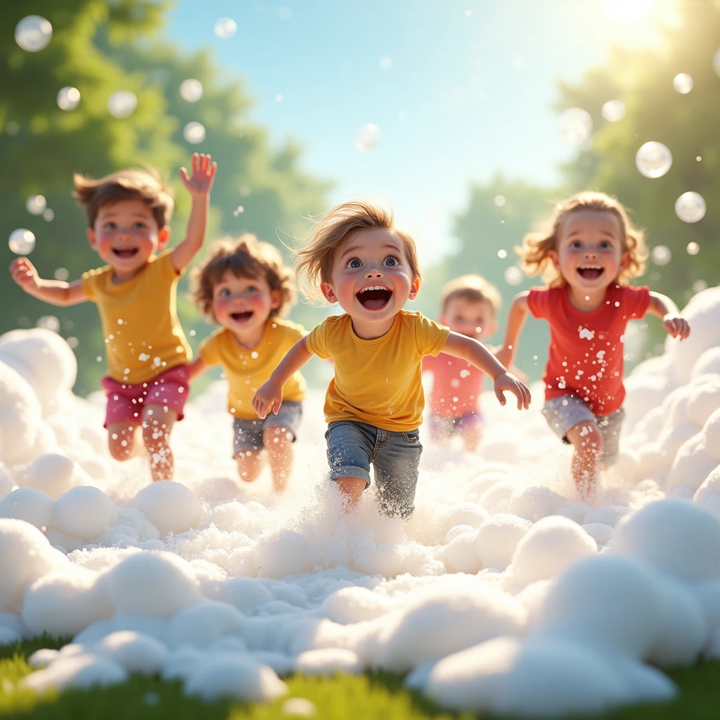A group of , around 6-, laughing and running through thick foam created by a foam cannon. The scene is set outdoors on a bright, sunny day, with foam bubbles floating in the air, reflecting sunlight.