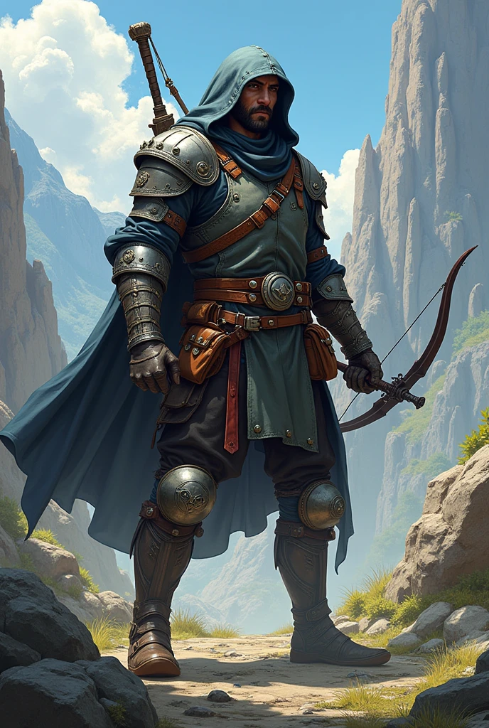 As if a Japanese anime light novel cover. Without writing. Features main character The Mage Hunter. Fantasy medieval ranger style mage hunter armor. Belts and pouches and equipment for capturing mages. Shortsword sheathed on belt, hand crossbow.