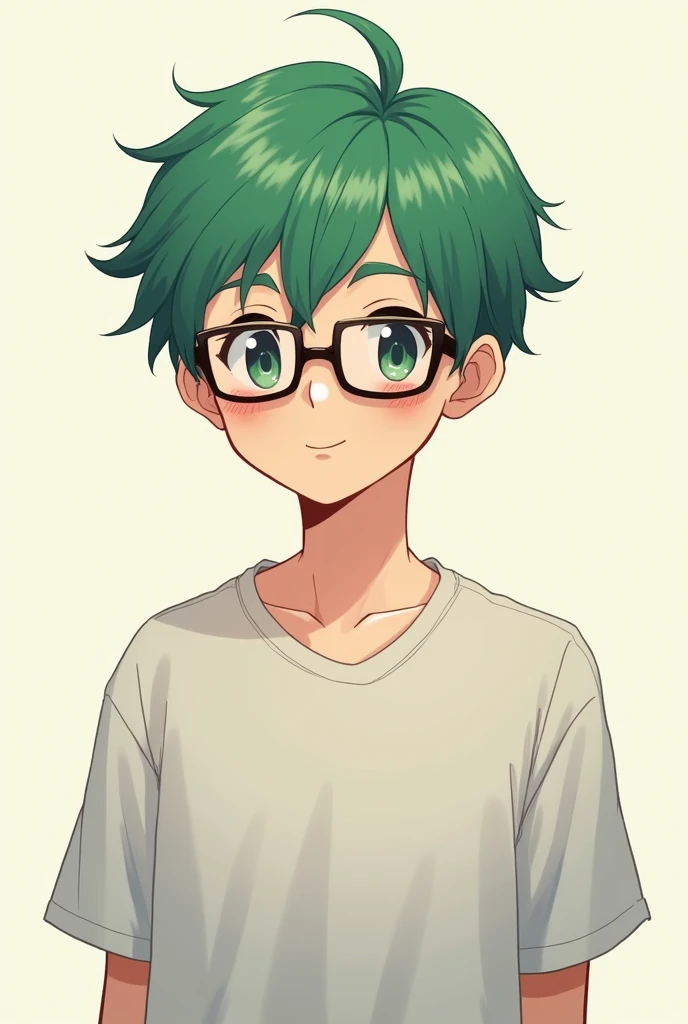 Cute young man with green hair and mashed hair, black-rimmed glasses, アニメ, Casual clothes