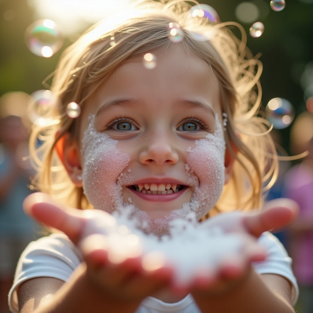 A close-up of a child, around , covered in foam, smiling widely as they hold out their hands to catch more bubbles. The background features a blurred view of other kids playing, with sunlight creating a soft glow around the foam.