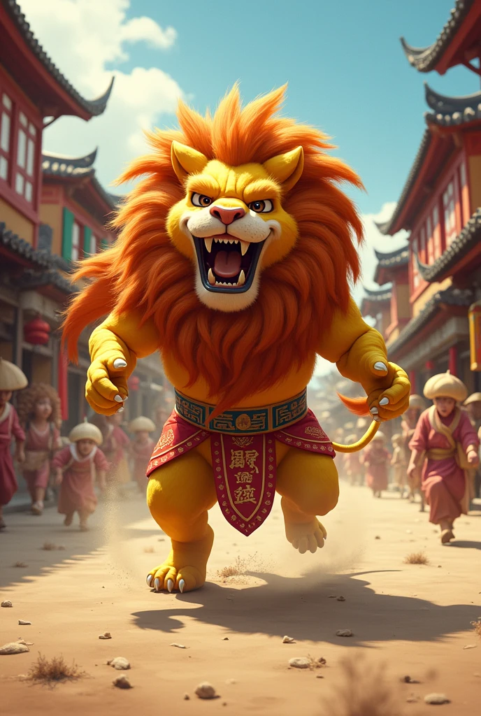 There is a lion dancing on the road in the village, looking angry and people get frightened and run away.
