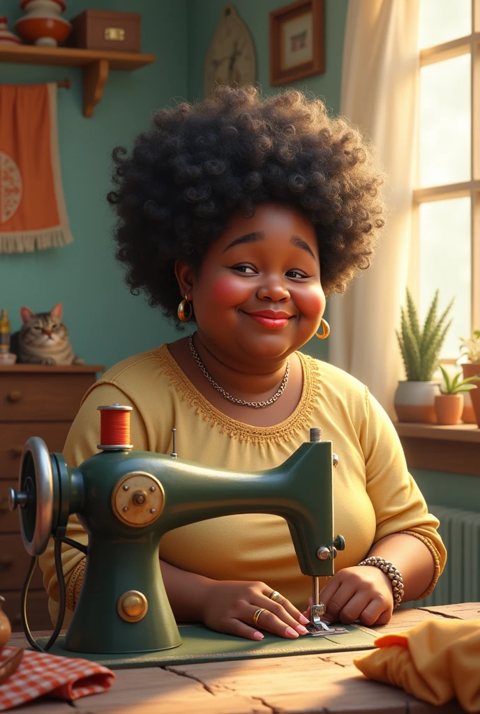 Chubby older lady with afro sewing on sewing machine cute image


