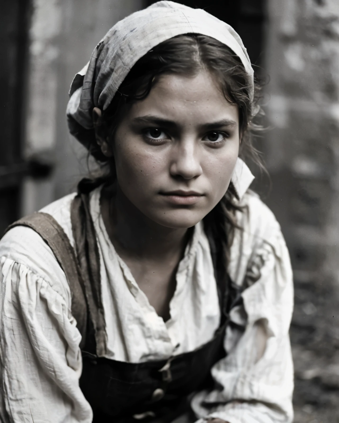 peasant serf russian girls dressed in peasant homespun canvas torn shirts , barefoot , sweaty hair , tanned, beautiful but unhappy, tired of corvee