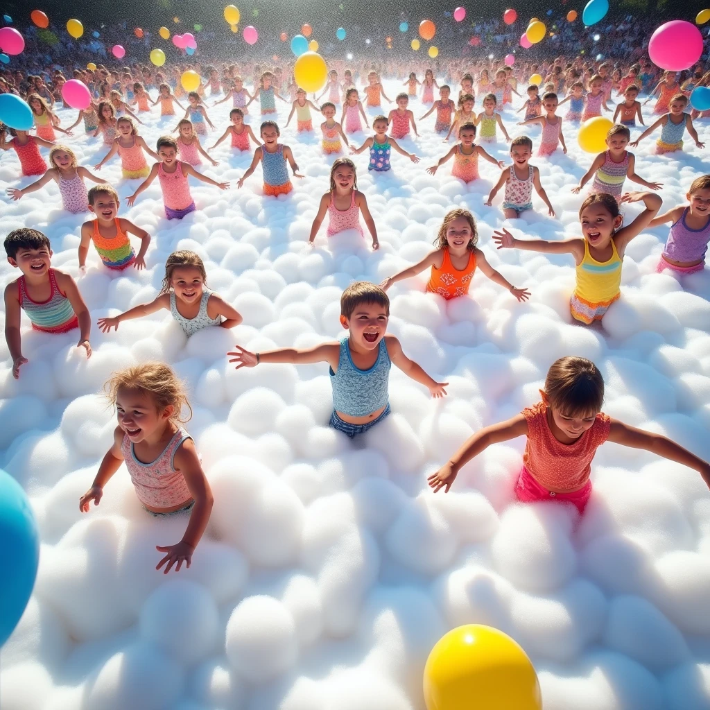 An aerial view of a large foam party with dozens of kids playing under a foam cannon. The image captures the entire area, showing a sea of white foam with colorful balloons floating above, and joyful children splashing around.