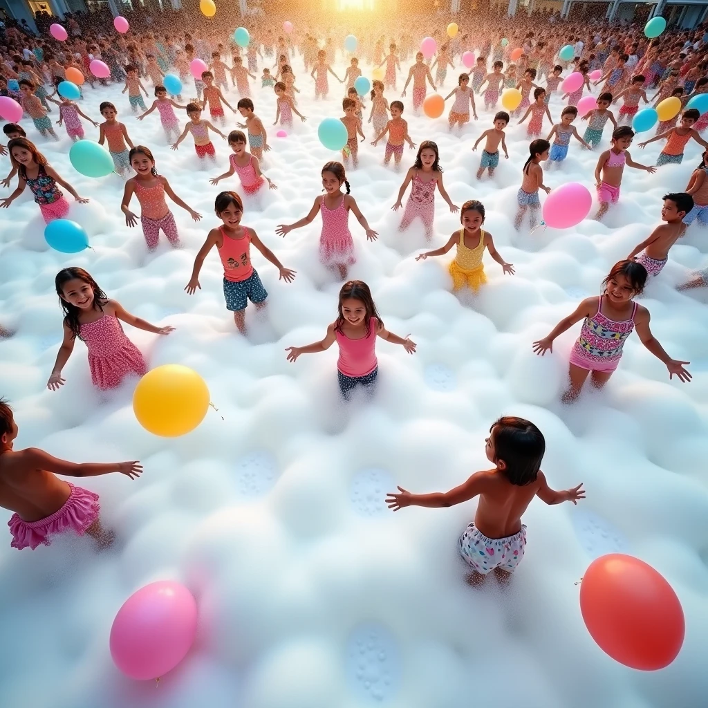 An aerial view of a large foam party with dozens of kids playing under a foam cannon. The image captures the entire area, showing a sea of white foam with colorful balloons floating above, and joyful children splashing around.