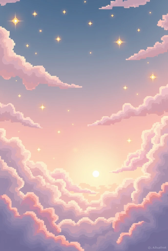 Aesthetic background,pixelated,with dreamy cozy colours,some stars and clouds just sky no ground etc