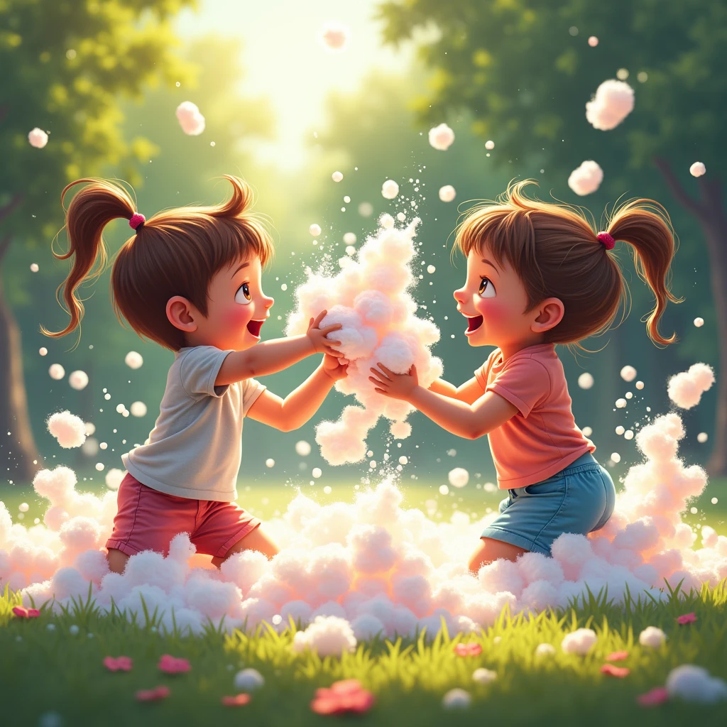 A dynamic shot of two kids, around , having a playful foam fight. The image captures their excitement and laughter as they throw foam at each other, with bubbles floating in the air and sunlight filtering through the foam.