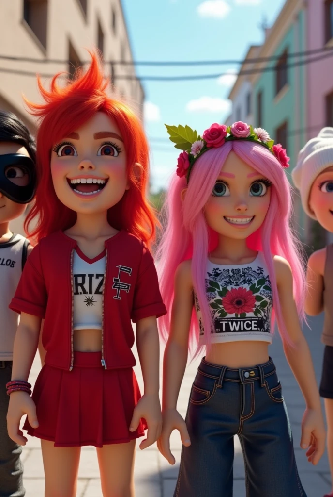 2 girls and 2 guy
s in Roblox character in 1 frame
1 girl dress up as emo red hair with red shirt and red skirt
1 girl dress up as pink hair girl with flowers crown and kpop's TWICE merch
1 boy dress up as emo black hair,have black mask and white black pattern on his shirt
1 guy dress up as sleeveless grey shirt with white hair and a white binie
they all in roblox character and they all 4 of them