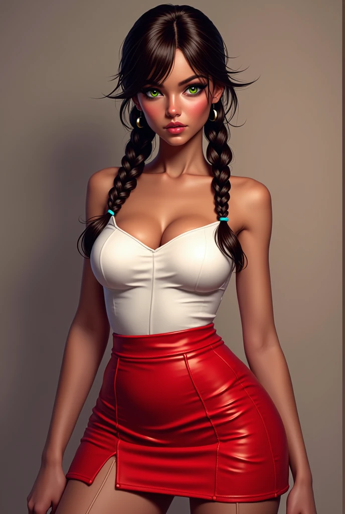 Young brunette girl with two braids and sharp facial features, bright green eyes, with big breasts with a red short skirt and a white top.