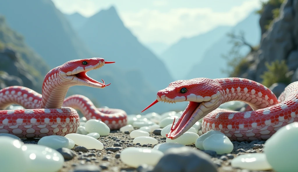 There are many white jades and pit vipers with spikes on their noses between red and white rings on the mountain.（best quality，4K，8k，High level，masterpiece：1.2），Ultra Detailed，（lifelike，Photo real，Photo real：1.37）