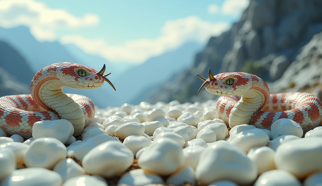 There are many white jades and pit vipers with spikes on their noses between red and white rings on the mountain.（best quality，4K，8k，High level，masterpiece：1.2），Ultra Detailed，（lifelike，Photo real，Photo real：1.37）