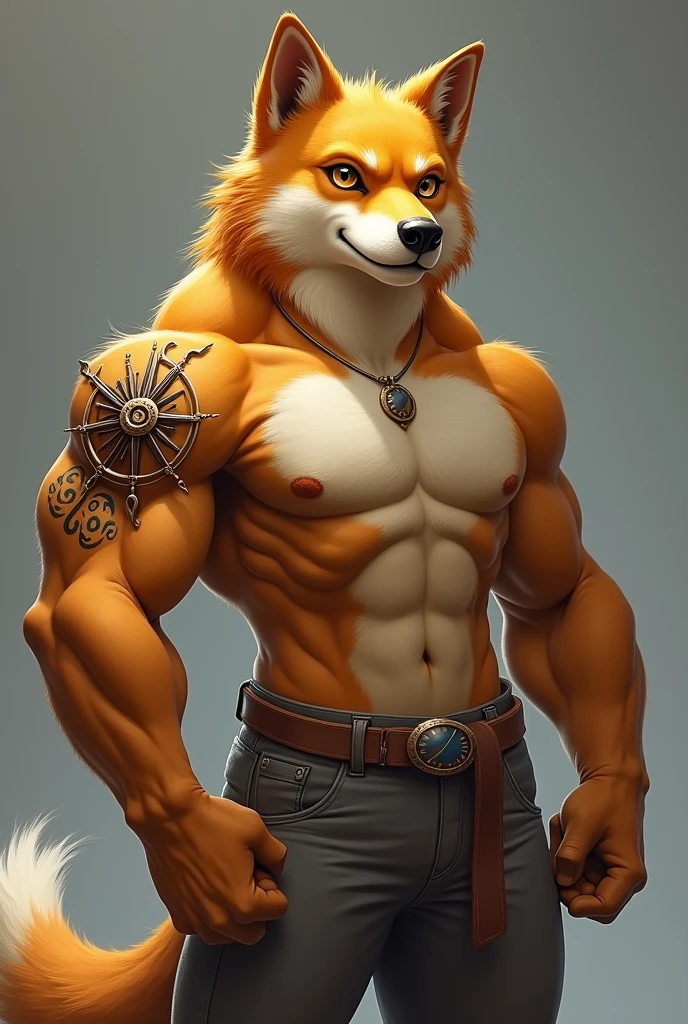 Make a furry caramel dog, with ears lowered, he is kind of muscular, he only wears simple pants, he has a wind rose tattoo inside his replacement eye, since he lost his eye