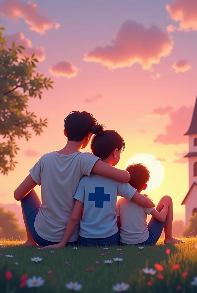 create an image with a family SITTING BACK TO BACK with a  wearing a blue Autism Symbol T-shirt, sitting on a lawn with the pink sunset in the background, next to the family a church FAR in the background