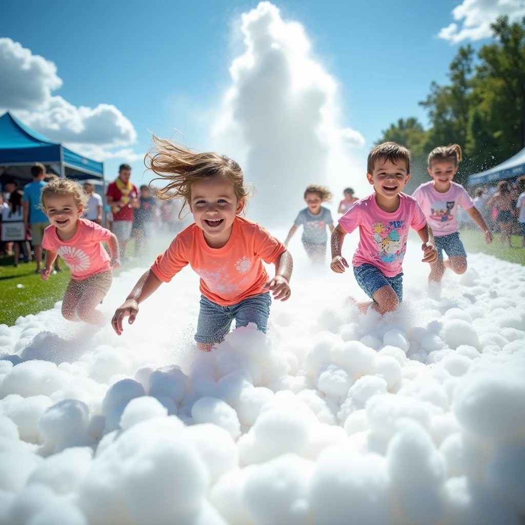 A wide-angle shot of an outdoor event with kids running and dancing in a thick layer of foam. The foam cannon is visible in the background, continuously shooting out foam, with a bright blue sky and green grass adding to the festive atmosphere.
