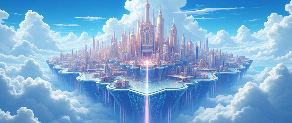 Highly detailed anime-style still images, Ghibli Studio Style, masterpiece, Official Art, Professional, ((Super detailed)), 8k, A sparkling city, crystallization, Reflective surface, Prism light effect, The setting is a floating island surrounded