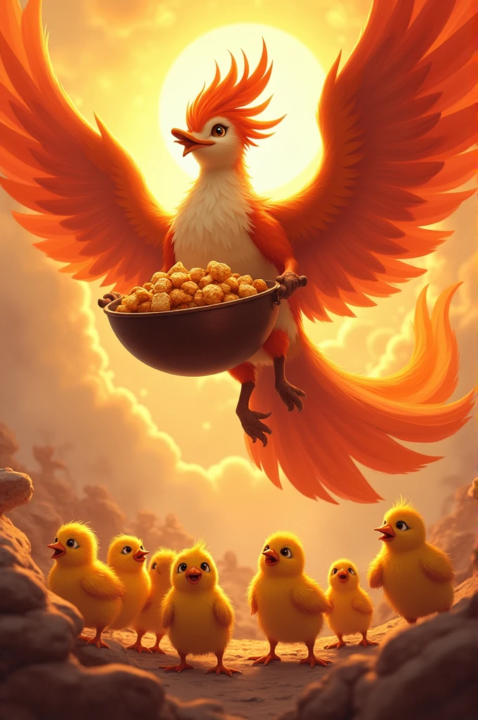 Fawna and her Phoenix Chicks
The sky above the Phoenix Realm glows a brilliant orange as Fawna, the majestic phoenix matriarch, soars gracefully with her large wok filled with delectable treats. Her chicks scurry excitedly below, their fluffy feathers ruffling with anticipation.
Fawna and her Phoenix Chicks: Gather 'round, my little ones, for your mother has returned! Who's ready for a taste of the finest morsels this realm has to offer?
The baby phoenix chicks chirp and hop with excitement, their eyes wide with delight as Fawna lands before them, the aroma of the treats wafting through the air.
Fawna and her Phoenix Chicks: Ah, but first, let's have a little fun, shall we? Who among you can solve my riddle and prove yourself worthy of the first bite?