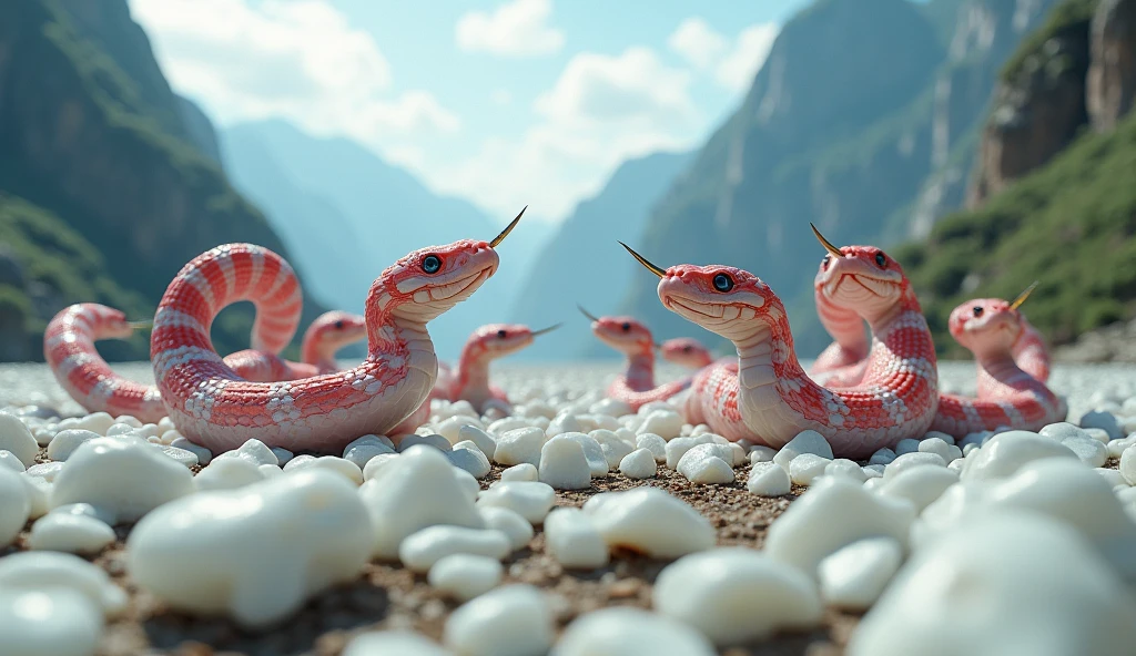 There are many white jades and pit vipers with spikes on their noses between red and white rings on the mountain.(best quality,4K,8k,High level,masterpiece:1.2),Ultra Detailed,(lifelike,Photo real,Photo real:1.37)