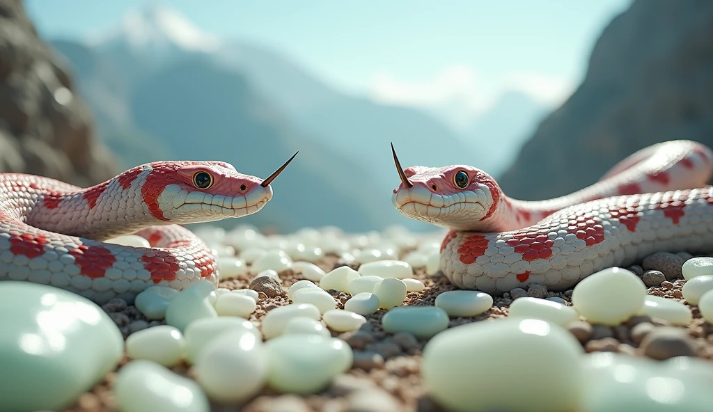 There are many white jades and pit vipers with spikes on their noses between red and white rings on the mountain.（best quality，4K，8k，High level，masterpiece：1.2），Ultra Detailed，（lifelike，Photo real，Photo real：1.37）