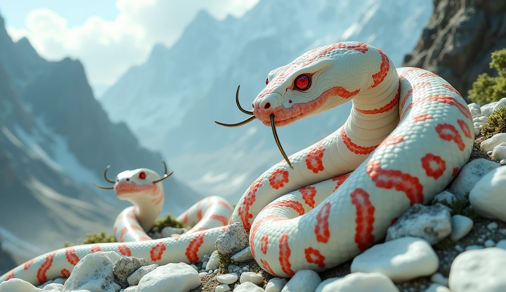 There are many white jades and pit vipers with spikes on their noses between red and white rings on the mountain.（best quality，4K，8k，High level，masterpiece：1.2），Ultra Detailed，（lifelike，Photo real，Photo real：1.37）