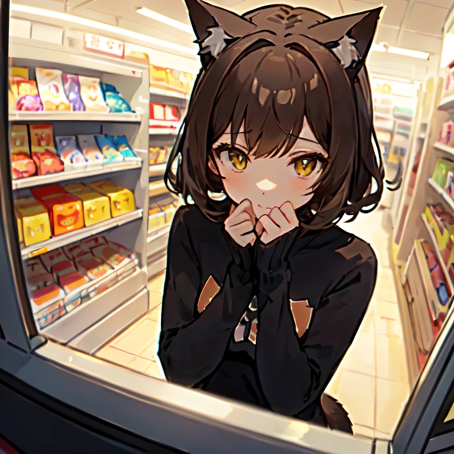 anime girl in a store looking out the window at the camera, anime catgirl, catgirl, convenience store, cat girl, cute anime catgirl, anime girl with cat ears, attractive cat girl, girl with cat ears, beautiful anime catgirl, nekomimi, at the counter, anime moe artstyle, anime cat, getting groceries