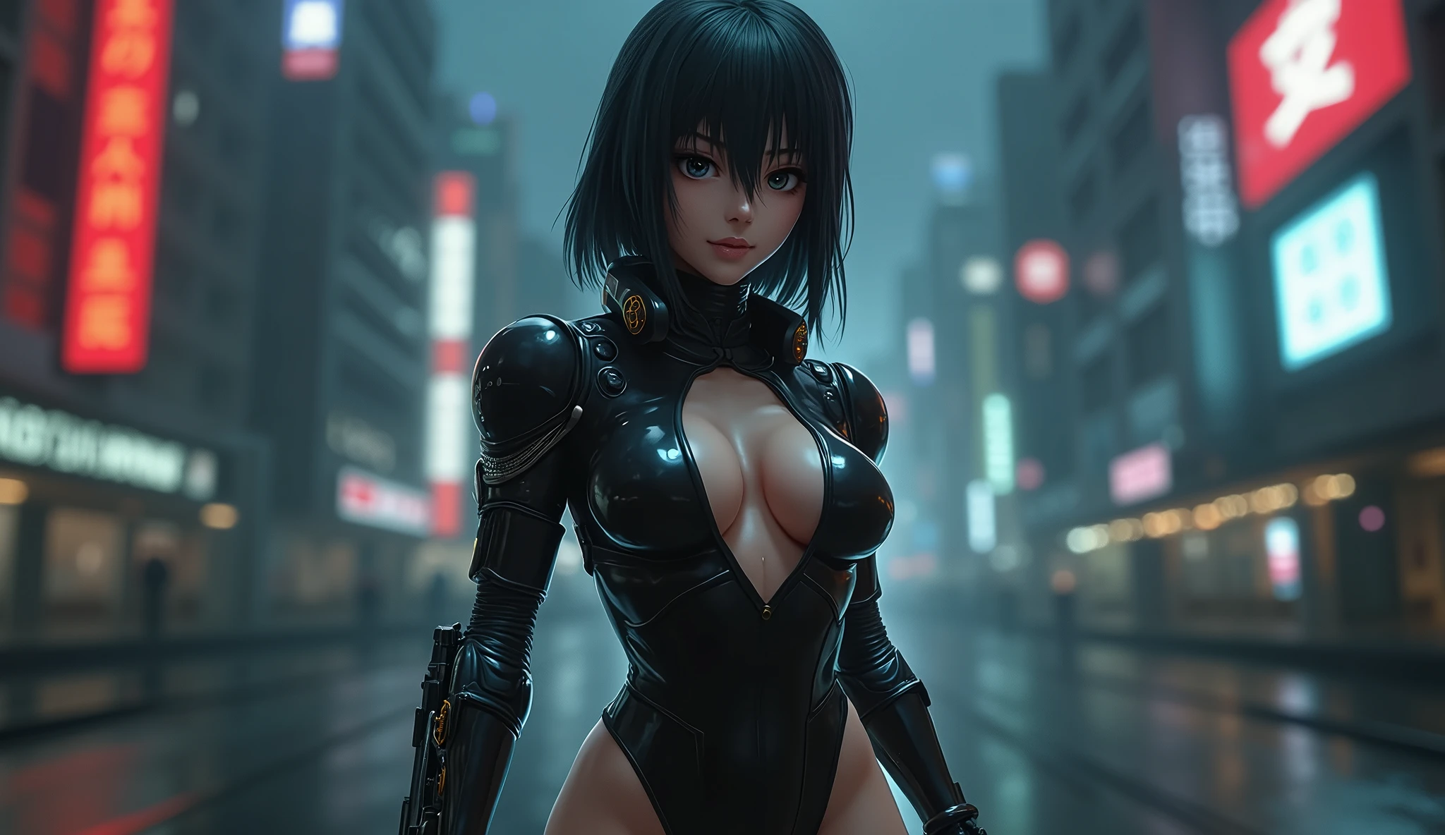 realistic woman Kusanagi Motoko,ghost in the shel ,prosthetic body(1 girl),(ghost in the shel style:1.0),realistic ghost in the shell with guns,Wearing a Fishnet tights,front,1girl,(Big eyes:1.2),(beautiful eyes:1.2),(beautiful face:1.3),(detailed face:1.3),(smile),(muscular:1.1),(sensual:1.3),(thick thighs:1.2),(Body moistened with sweat),(background is black:1.5),(blur background:1.2),(master piece,highest quality,ultra high resolution,Super detailed,8K),wallpaper,The background is Cyberpunk City