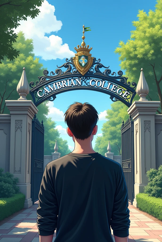 I am a boys student of cambrian school and College. I see my College gate.College name shown the college gate. College name cambrian College. I wear black tshirt full sleve.