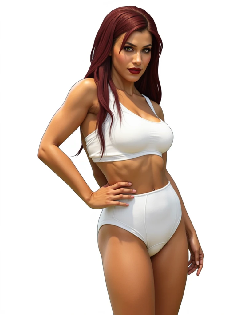 (masterpiece, best quality)), ((((perfect anatomy)))), Curvy Latina with long red hair, dark eyeshadow, dark red lipstick, white bra, (((big white hanes cotton panties))), ((90's film, 90's movie scene, 90's TV Style)), (((photo realistic)))