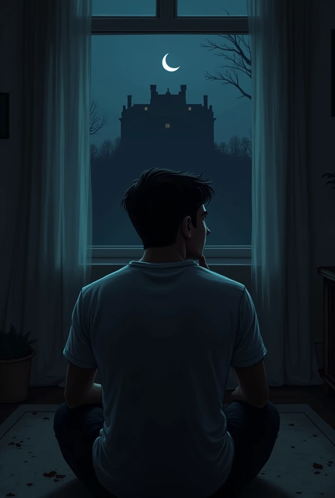 Ravi sitting alone in his grandmother’s dimly lit living room, staring out of the window towards the distant mansion. His face is pale and tense, with his hand resting on his chin as if deep in thought. The night outside is pitch black, and a faint whisper seems to echo in the room, giving Ravi a haunted expression.

Size: 1024x1024