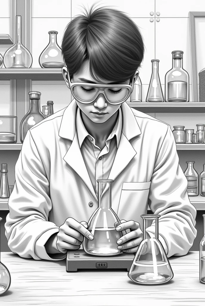 2D drawing a student in a laboratory weighing a beaker