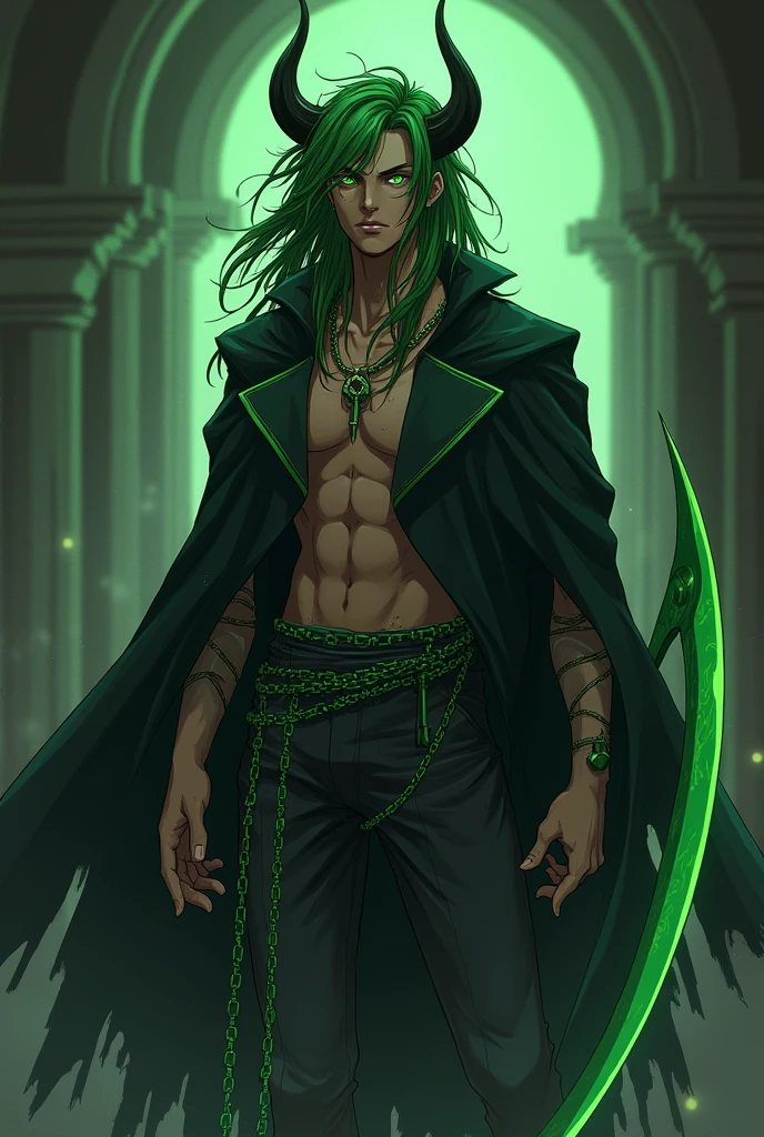 anime boy (dark fantasy) with green dreads, green eyes, brown skin, black horns and a black cloak with green chains around him as he holds a green scythe (full body)