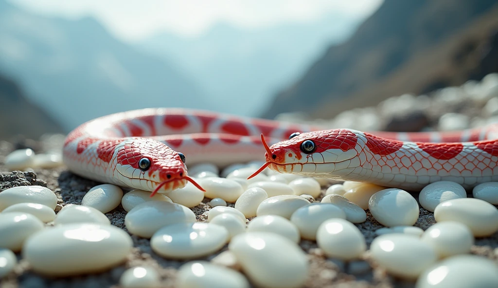 There are many white jades and pit vipers with spikes on their noses between red and white rings on the mountain.(best quality,4K,8k,High level,masterpiece:1.2),Ultra Detailed,(lifelike,Photo real,Photo real:1.37)