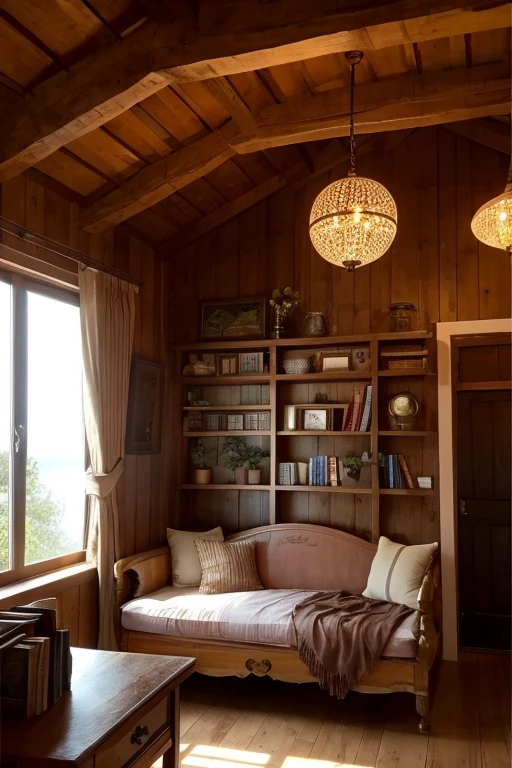 Southern Island Desk、indirect lighting、Wood Deck、Country atmosphere、Woodhouse、antique、A little bit European、living、indoor、antique家具、Holiday Homes、sofa、cushion、Large windows、Outside you can see palm trees and a sandy beach.、The pillars and walls of the room are all made of wood.、There are books and coffee on the desk、The furniture has a modern gothic feel、A room with a lot of stuff、The lighting is a bare bulb、Increase the number of star-themed miscellaneous goods and accessories、外は夕方でSunset skyが窓から見える、View of sandy beach and palm trees、The window is empty、The curtains are fluttering in the wind、In the evening atmosphere、More sad evening air、It's a house by the sea、The sunset is reflected in the sea, making it red.、The darkening atmosphere of the evening、Swedish furniture、There are lots of photo frames and decorations.、Outside, the sea is right next to me.、The sunset reflects on the sea、夕方だから少し暗くてRed Skyなの、It's getting better、Outside there's the sea, the sand and the palm trees、Sunset sky、It's evening outside、窓から見える景色がSunset skyなの、That's good.!More red sunsets、Return to the evening、Red Sky、外のWood Deckから夕日を眺めたいね、Make the furniture more European、sunsetbeach