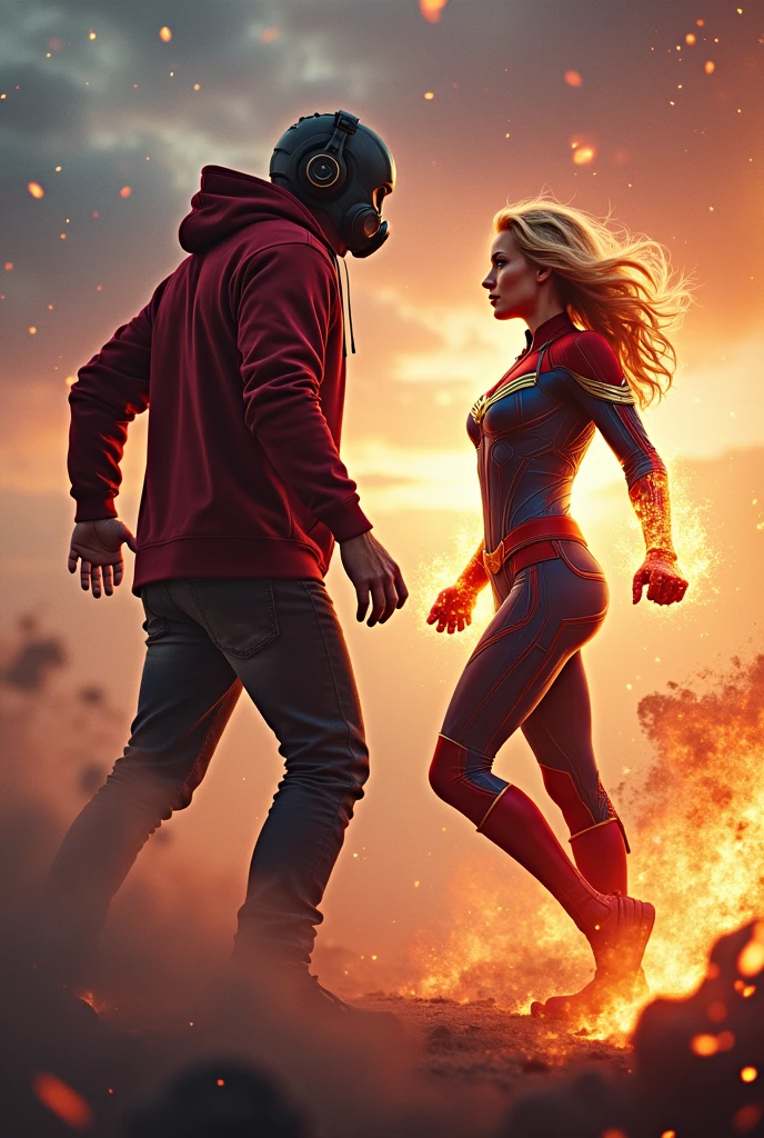 Kid Star-lord with red hoodie, headphones, star-lord helmet, gas helmet, covered mouth, round red eyes, Red eyes, magic rings in the hands and rocket boots, Vs, Capitana marvel (Big tits), Fighting, power, fiction, full body, 2 persons, magic lasso, hight, fall, fire in boots, poweful spells, realistic, helmet, mask, punch, gun, flying in the sky, love, passion, kissing, Romance