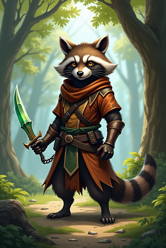 Anthropomorphic raccoon rogue wielding a magic dagger.  With trees in the background
