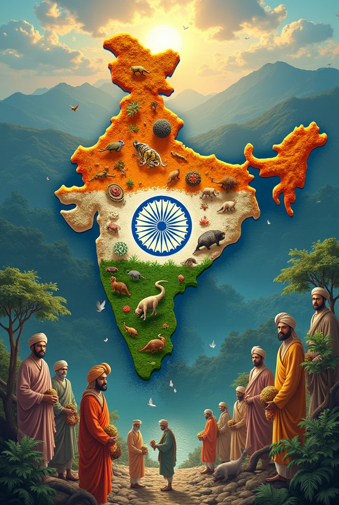 Main India mein rahata hun koi aisa image generate karke do jismein India ki biodiversity dikhai gai Ho desh ko sabse upar dikhaya gaya ho aur dharmon se bhi upar desh ko dikhaya Gaya hai Desh mein अलग-अलग log ke Dharm dharmon ke log rahte hain Shabnam pyar aur sab mein Ekta dikhai gai Ho koi aisi image create karke do Jo unico bahut acchi Ho muslims ka bhi kuch show karo or desh ko sabse uper dikhao sabse best image banao India zaroor hona chahiye jisme kuch text bhi hone chahiye
