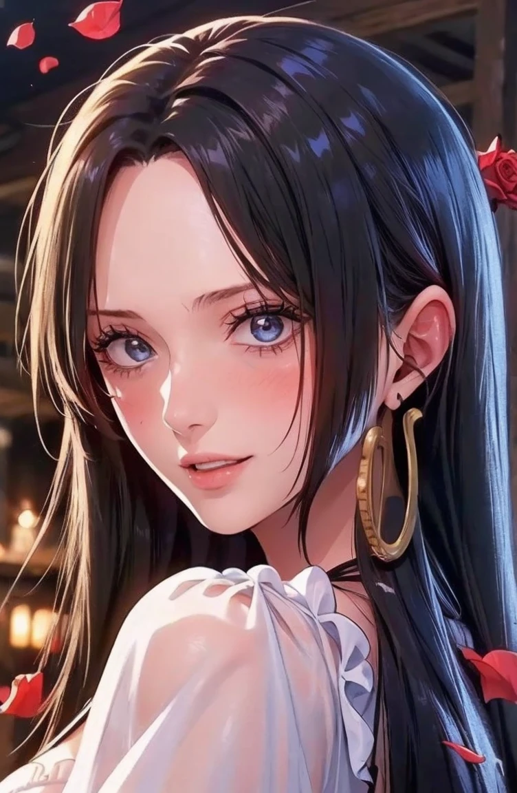 best quality, masterpiece, highly detailed,1girl, ((rose)), (vine), cage, bandage, red rope, (detail light), falling rose petals, Boa Hancock,, (masterpiece:1.5), Detailed Photo, Smiling,(8K, Photorealistic, Best Quality: 1.4), (1girl), Beautiful Face, (anime realistic Face), (Black Hair, long Hair: 1.3), Beautiful Hairstyle, Realistic eyes, beautiful detail eyes, (realistic skin), beautiful skin, (sweater), absurd, attractive, ultra high resolution, ultra realistic, high definition, golden ratio, backwards, looking back