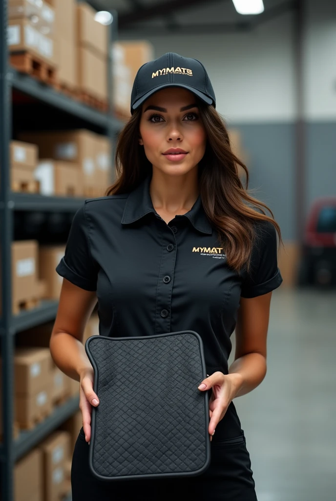 A hyper-realistic image of a beautiful young Latina woman with a stunning face, attractive features, and a perfect figure, standing confidently in a professional automotive service center. She is wearing a branded uniform consisting of a jumpsuit, cap, and T-shirt. Both the jumpsuit and cap are emblazoned with the "MYMATS" logo. The woman is holding and showcasing an automotive 3D car mat made of black eco-leather to the camera. She is displaying a driver's side mat with high edges and an extended flap that covers the floor along the door sill. The mat features diamond quilting in white thread, with each diamond uniformly sized. The mat is also embroidered with the word "MYMATS" in large, bold golden letters. Behind her, the blurred background reveals a warehouse with shelves displaying other company products, adding depth and context to the scene.

