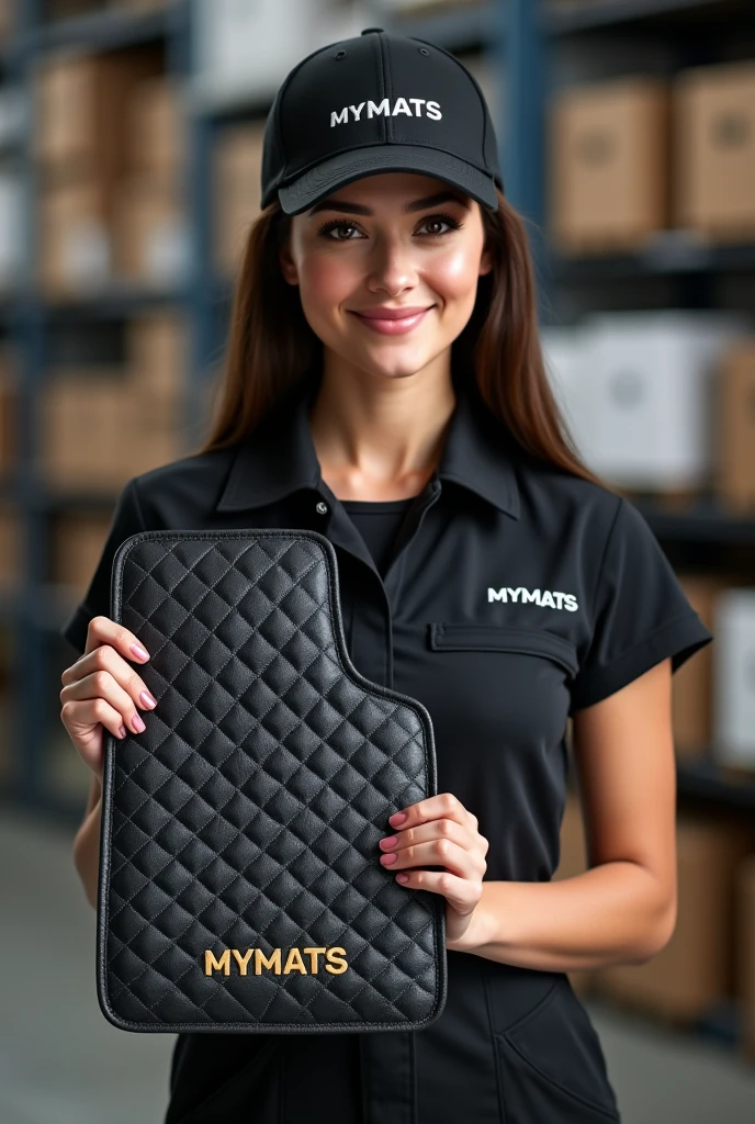A hyper-realistic image of a beautiful young Latina woman with a stunning face, attractive features, and a perfect figure, standing confidently in a professional automotive service center. She is wearing a branded uniform consisting of a jumpsuit, cap, and T-shirt. Both the jumpsuit and cap are emblazoned with the "MYMATS" logo. The woman is holding and showcasing an automotive 3D car mat made of black eco-leather to the camera. She is displaying a driver's side mat with high edges and an extended flap that covers the floor along the door sill. The mat features diamond quilting in white thread, with each diamond uniformly sized. The mat is also embroidered with the word "MYMATS" in large, bold golden letters. Behind her, the blurred background reveals a warehouse with shelves displaying other company products, adding depth and context to the scene.
